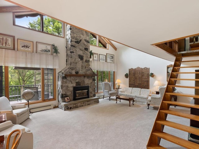 carpeted living room featuring a fireplace and high vaulted ceiling