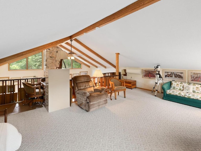 living room with lofted ceiling with beams, ceiling fan, and carpet