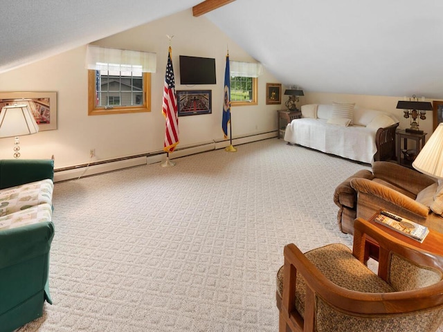 bedroom featuring lofted ceiling with beams, a baseboard heating unit, and carpet floors