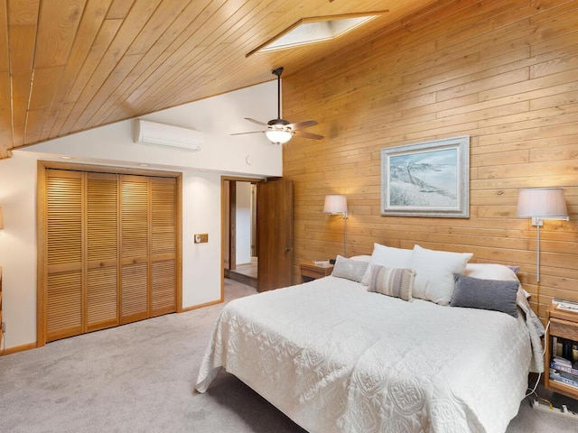 carpeted bedroom with wood ceiling, lofted ceiling, a wall unit AC, and wood walls