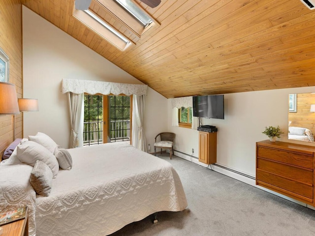 carpeted bedroom with lofted ceiling with skylight, wood ceiling, and baseboard heating