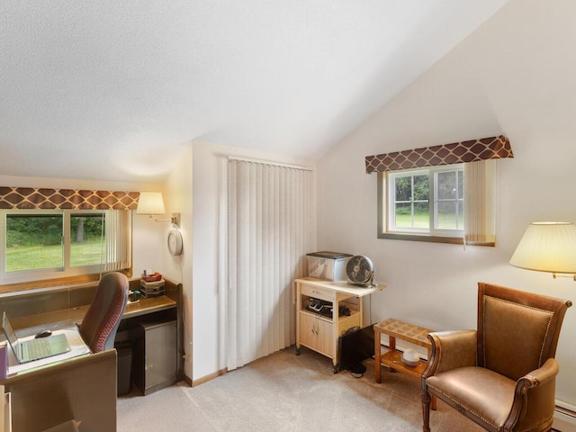 living area with baseboard heating, light colored carpet, and vaulted ceiling