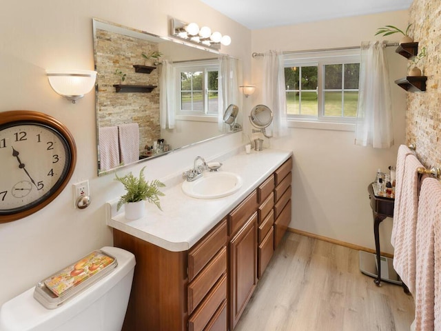 bathroom with vanity, wood-type flooring, and toilet