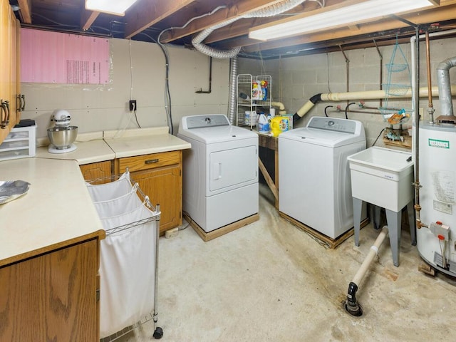 laundry area featuring cabinets, washing machine and dryer, and water heater