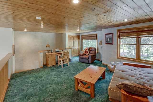 carpeted living room with wooden ceiling