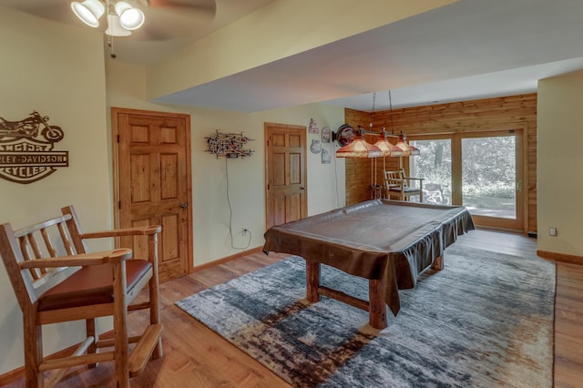 rec room with light wood-type flooring, ceiling fan, and pool table