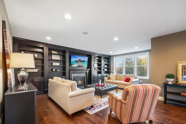 living room with dark hardwood / wood-style flooring