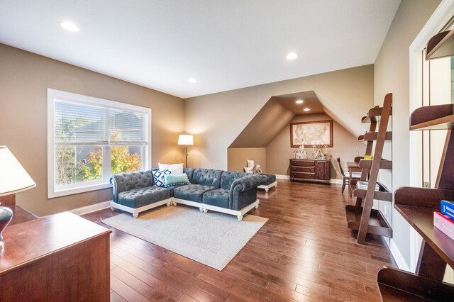 living room with vaulted ceiling and dark wood-type flooring