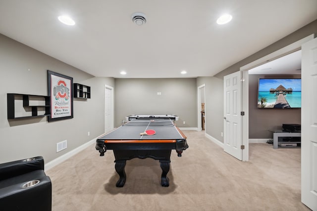 playroom with light carpet and pool table