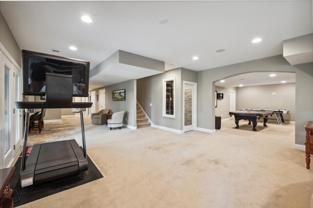 workout area featuring pool table and light colored carpet