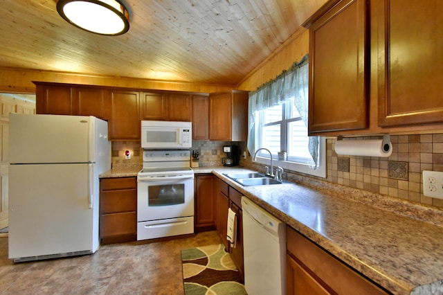 46350 Cambridge Dr, Stanchfield, MN 55080 - kitchen featuring white appliances, a sink, brown cabinetry, wood ceiling, and decorative backsplash