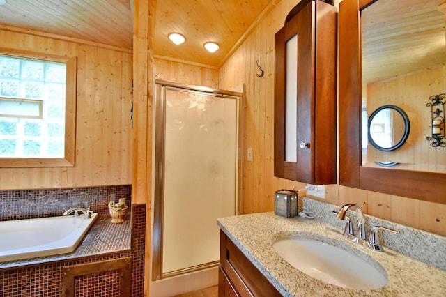 46350 Cambridge Dr, Stanchfield, MN 55080 - bathroom featuring wood ceiling, vanity, a stall shower, a garden tub, and wood walls