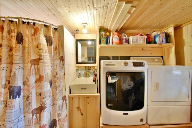 46350 Cambridge Dr, Stanchfield, MN 55080 - laundry room with wooden ceiling and washing machine and clothes dryer