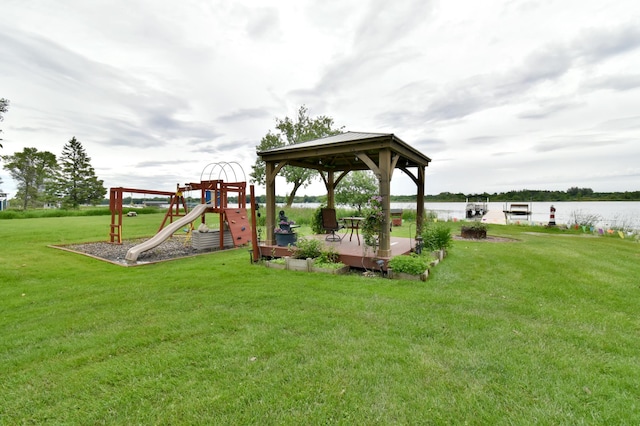 46350 Cambridge Dr, Stanchfield, MN 55080 - view of green lawn featuring a gazebo and a water view