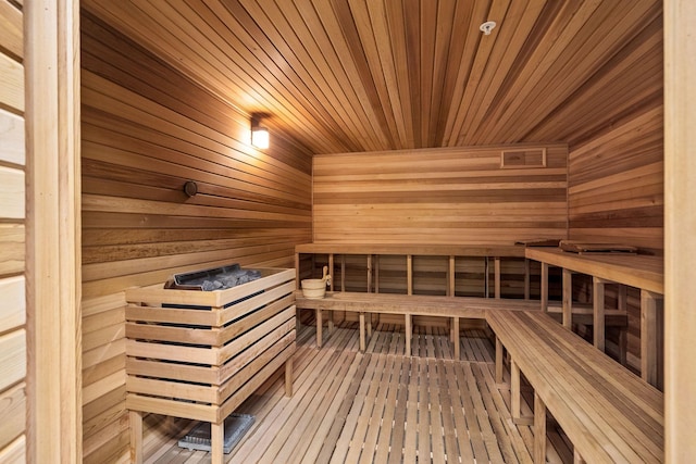 1240 2nd St Unit 1201, Minneapolis, MN 55415 - sauna with wooden ceiling, wooden walls, and hardwood / wood-style flooring