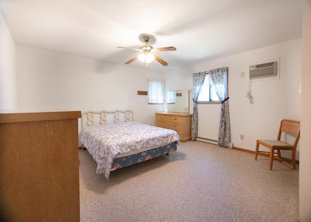 bedroom featuring carpet flooring, ceiling fan, and a wall mounted air conditioner