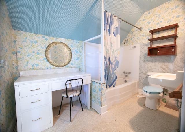 bathroom with toilet, shower / tub combo, and vaulted ceiling