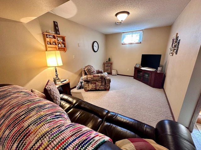 carpeted living room with a textured ceiling