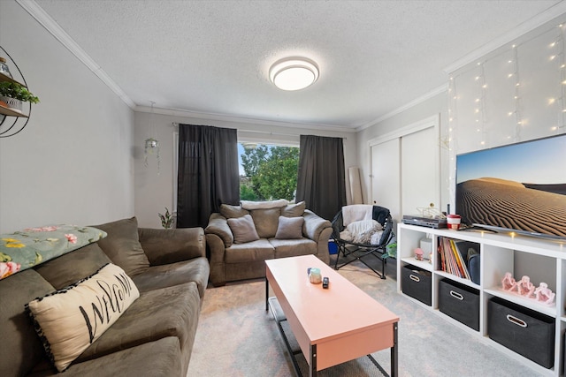 carpeted living room featuring a textured ceiling and ornamental molding