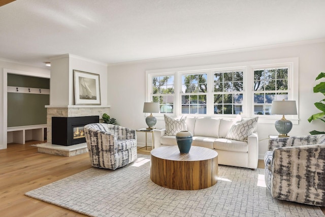 living room with a multi sided fireplace, light hardwood / wood-style floors, and crown molding