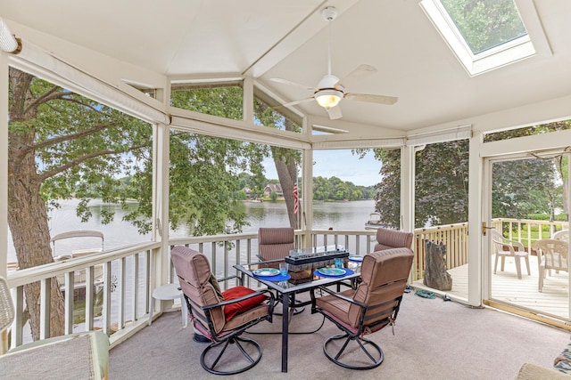 750 Carla Ln, Little Canada, MN 55109 - sunroom / solarium with a water view, a ceiling fan, vaulted ceiling, a skylight, and outdoor dining area