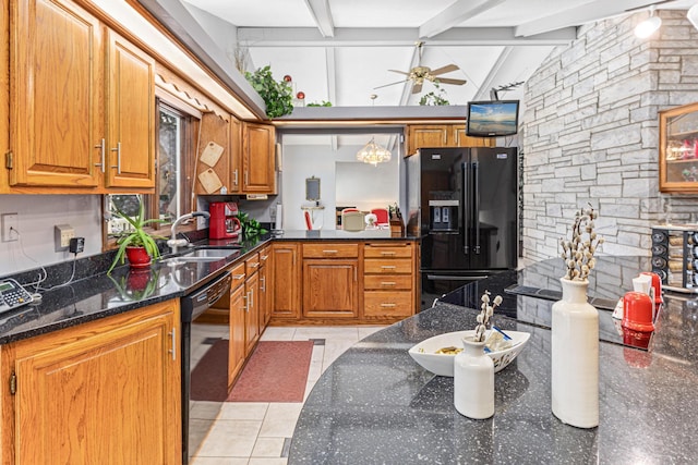 750 Carla Ln, Little Canada, MN 55109 - kitchen with black appliances, a sink, brown cabinetry, ceiling fan, and beamed ceiling
