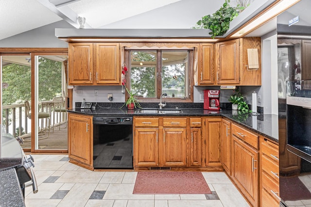 750 Carla Ln, Little Canada, MN 55109 - kitchen featuring dishwasher, a sink, vaulted ceiling, dark stone countertops, and brown cabinets