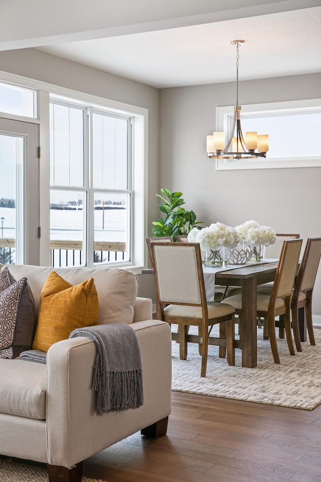 dining space with a healthy amount of sunlight, a chandelier, and dark wood-type flooring