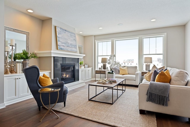 living room with a textured ceiling, a wealth of natural light, and dark hardwood / wood-style floors