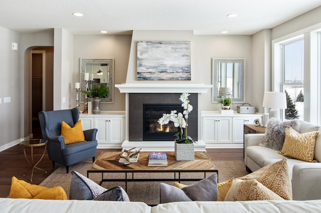 living room featuring a premium fireplace and dark hardwood / wood-style flooring