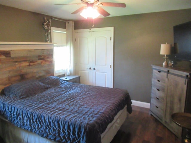 bedroom with ceiling fan, a closet, and dark wood-type flooring