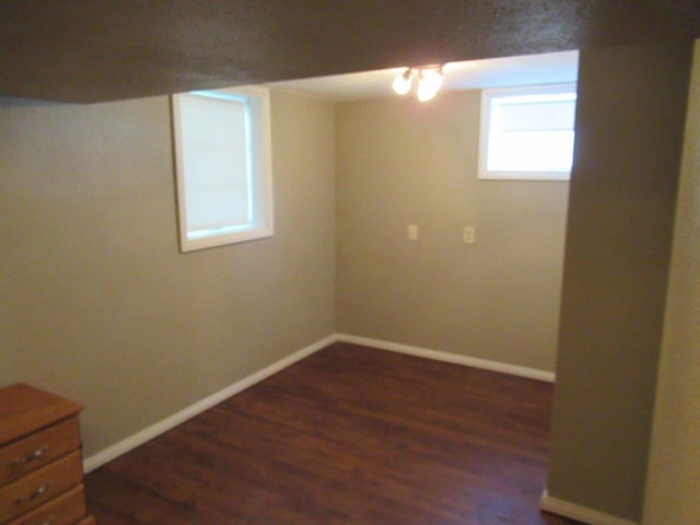 basement with dark hardwood / wood-style flooring