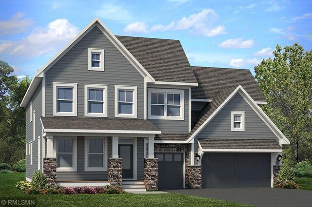 6528 Timber Arch Dr, Chaska, MN 55318 - craftsman house with an attached garage, a shingled roof, stone siding, and aphalt driveway