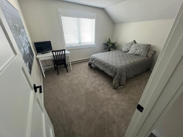 bedroom featuring a baseboard radiator, lofted ceiling, and carpet