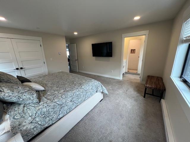 bedroom with baseboards, a baseboard radiator, recessed lighting, a closet, and light carpet