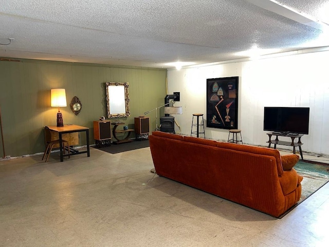 living room with a textured ceiling