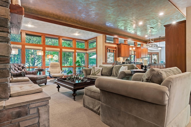 living area with carpet flooring and recessed lighting