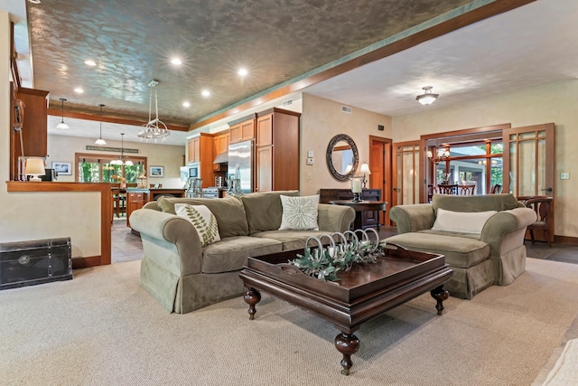 living room featuring light colored carpet