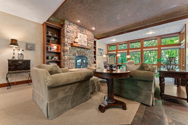 living room with a wood stove