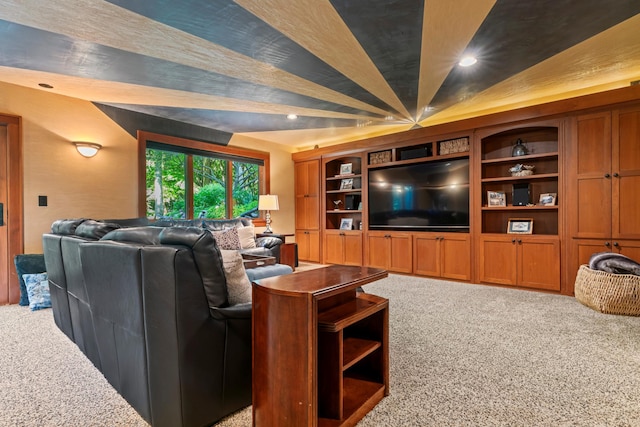 living room with recessed lighting and carpet