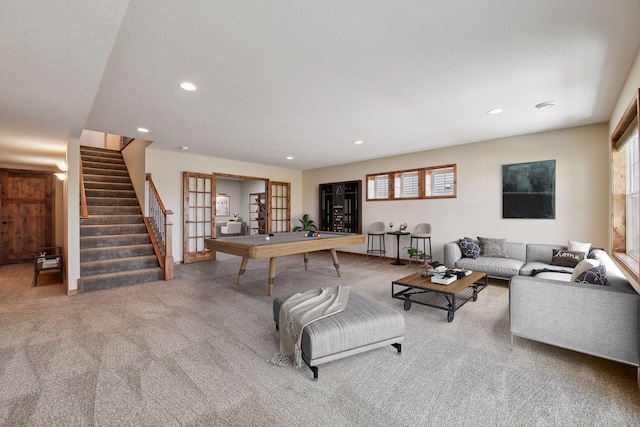 playroom featuring pool table, carpet, and recessed lighting