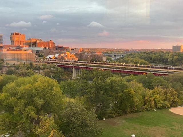 view of aerial view at dusk