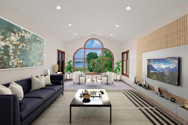 carpeted living room featuring high vaulted ceiling