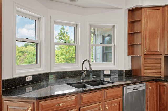 kitchen featuring sink, dark stone countertops, and stainless steel dishwasher