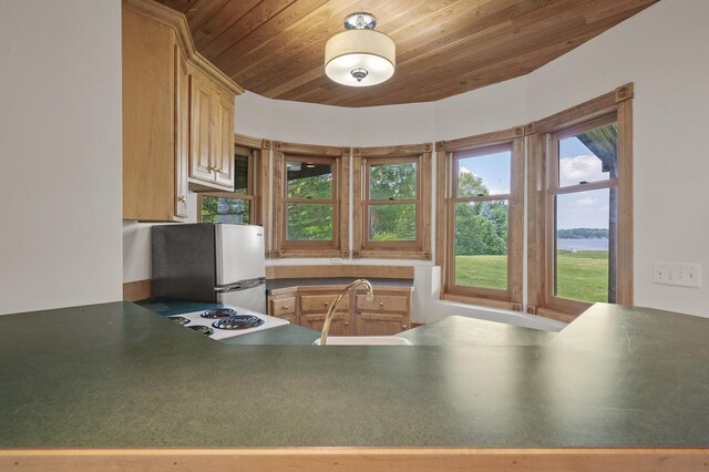 kitchen with wooden ceiling, stainless steel fridge, and sink