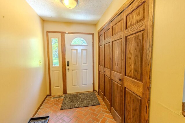 foyer featuring brick floor, baseboards, and a textured ceiling