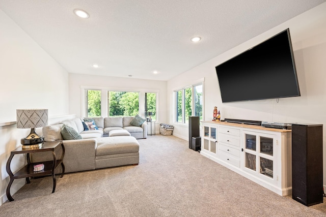 living room featuring light carpet and a textured ceiling