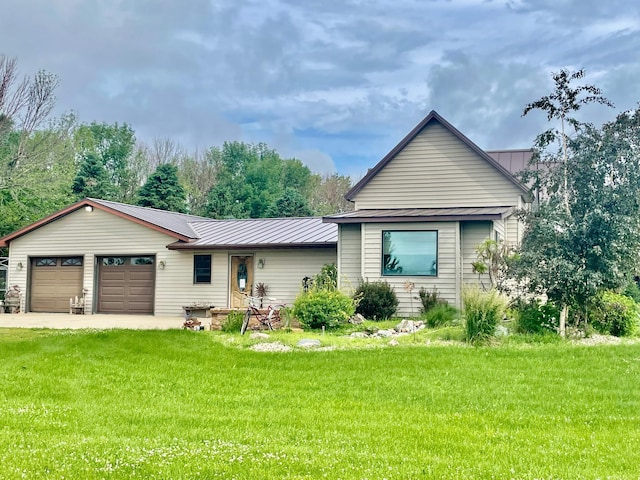 single story home with a front yard and a garage