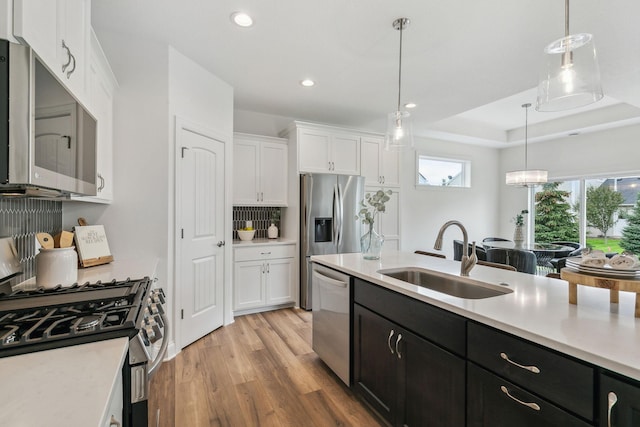 kitchen with light hardwood / wood-style flooring, stainless steel appliances, white cabinetry, sink, and a tray ceiling