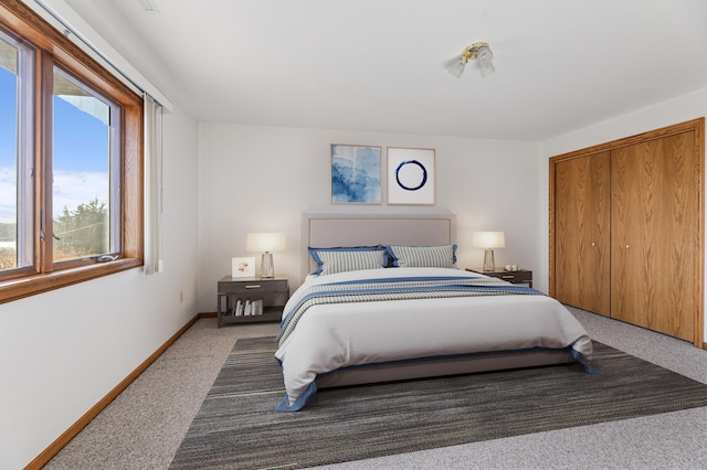 carpeted bedroom with multiple windows and a closet